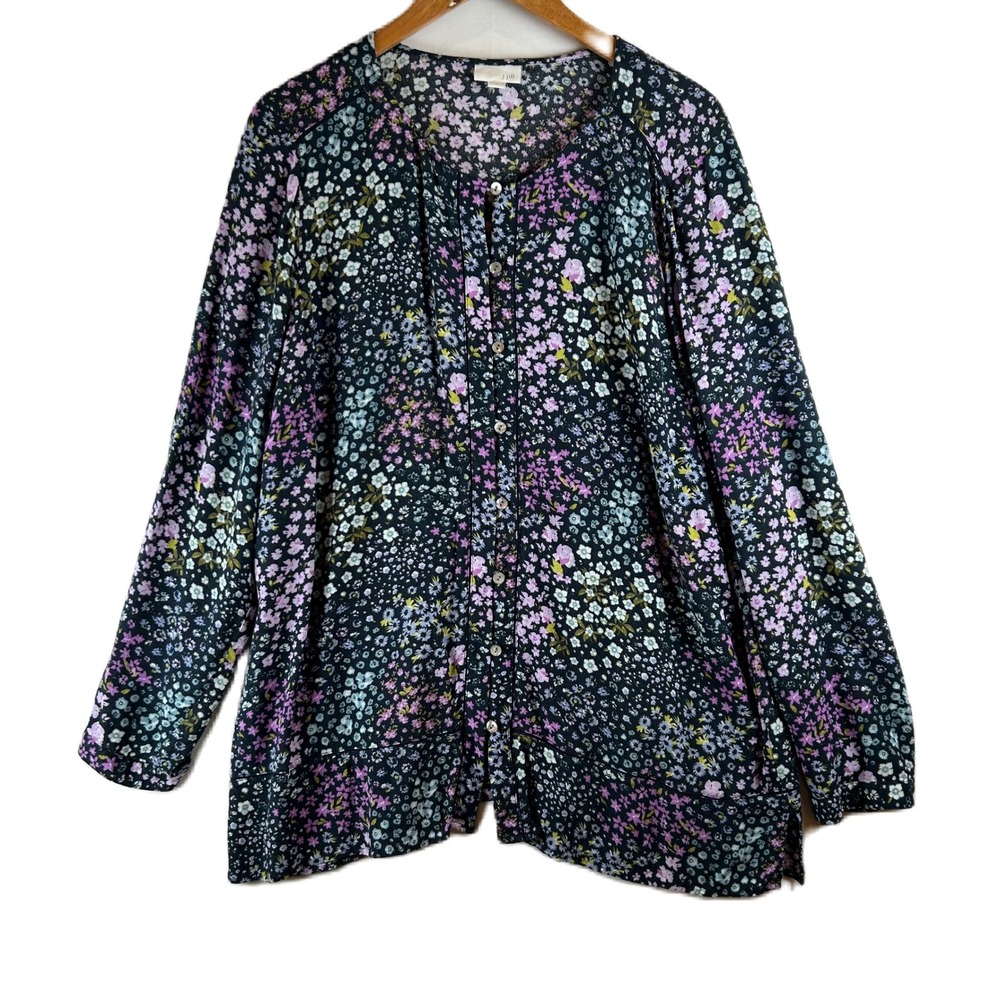J. Jill Womens XL Navy Blue Floral Rayon Button Front Blouse Ladder Stitch Top